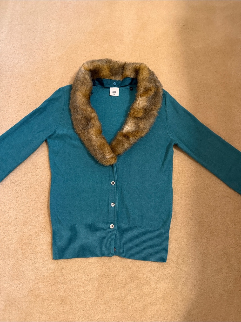 Cabi Teal Removable Faux Fur Collar Tearoom Cardigan Women's Small Style #3018